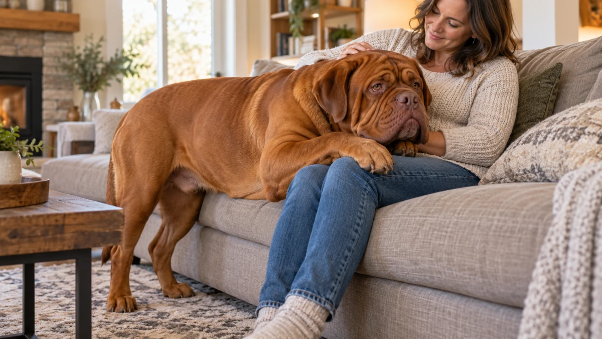 Fransız Mastiff köpek — sahibinin kucağında