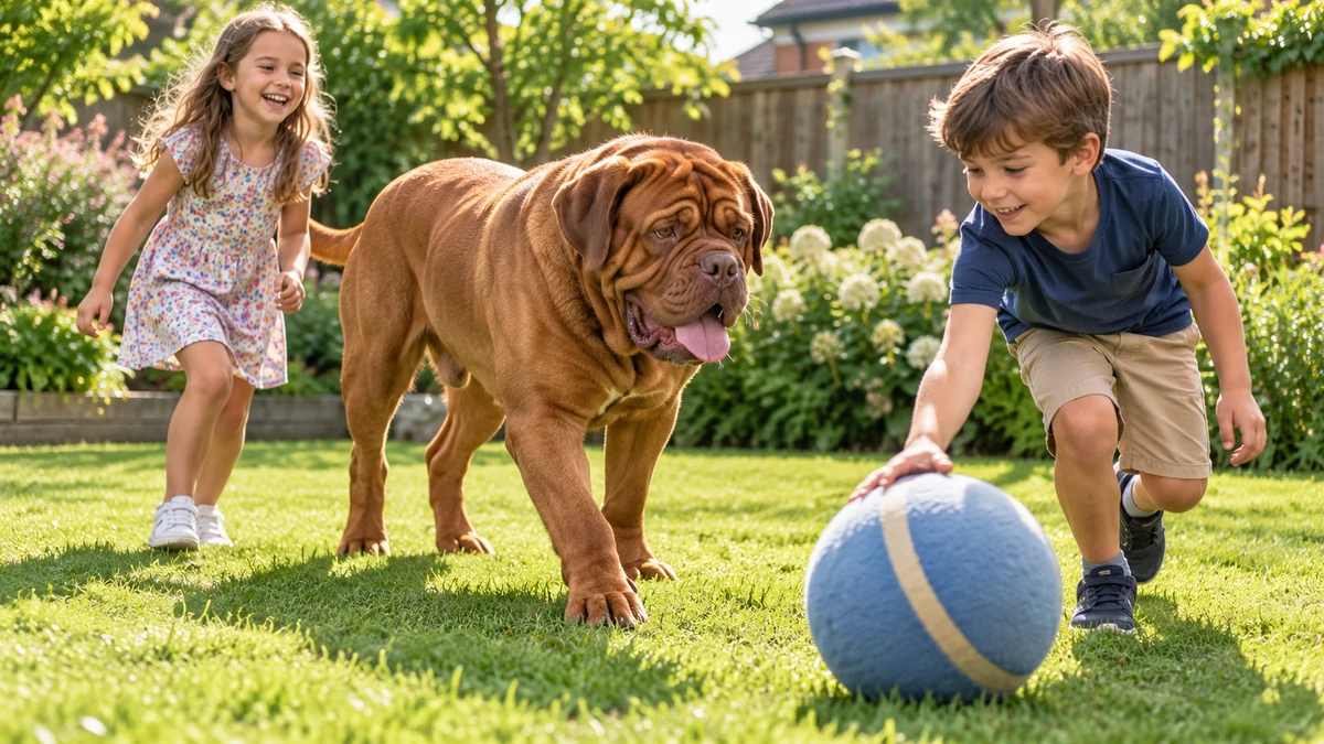 Fransız Mastiff köpek — çocuklarla oyun